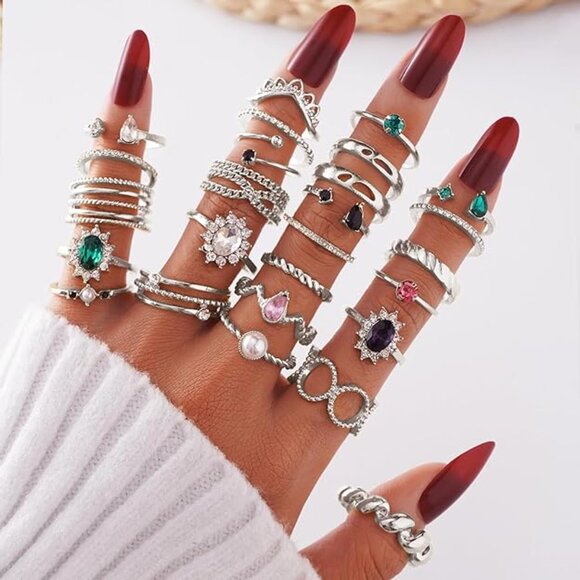 25PC Silver Plated Boho Bohemian Glam Jeweled Ring SET - BRAND NEW Torrid Item - Picture 1 of 7